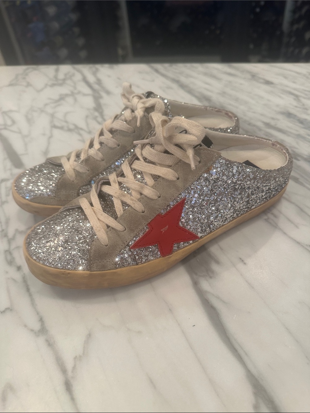 Golden Goose Silver Glitter Sneakers with Red Star